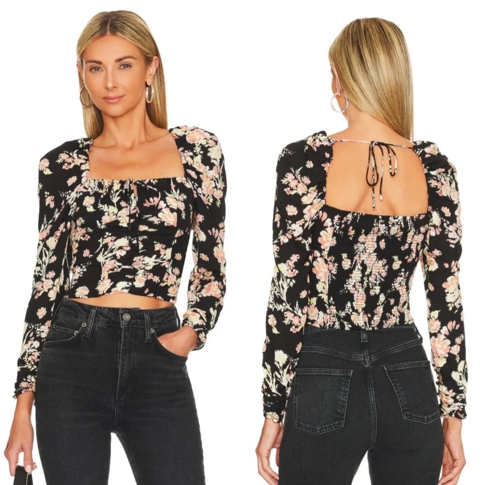 Free People Hilary Black Combo Floral Long Sleeve Top XS NEW